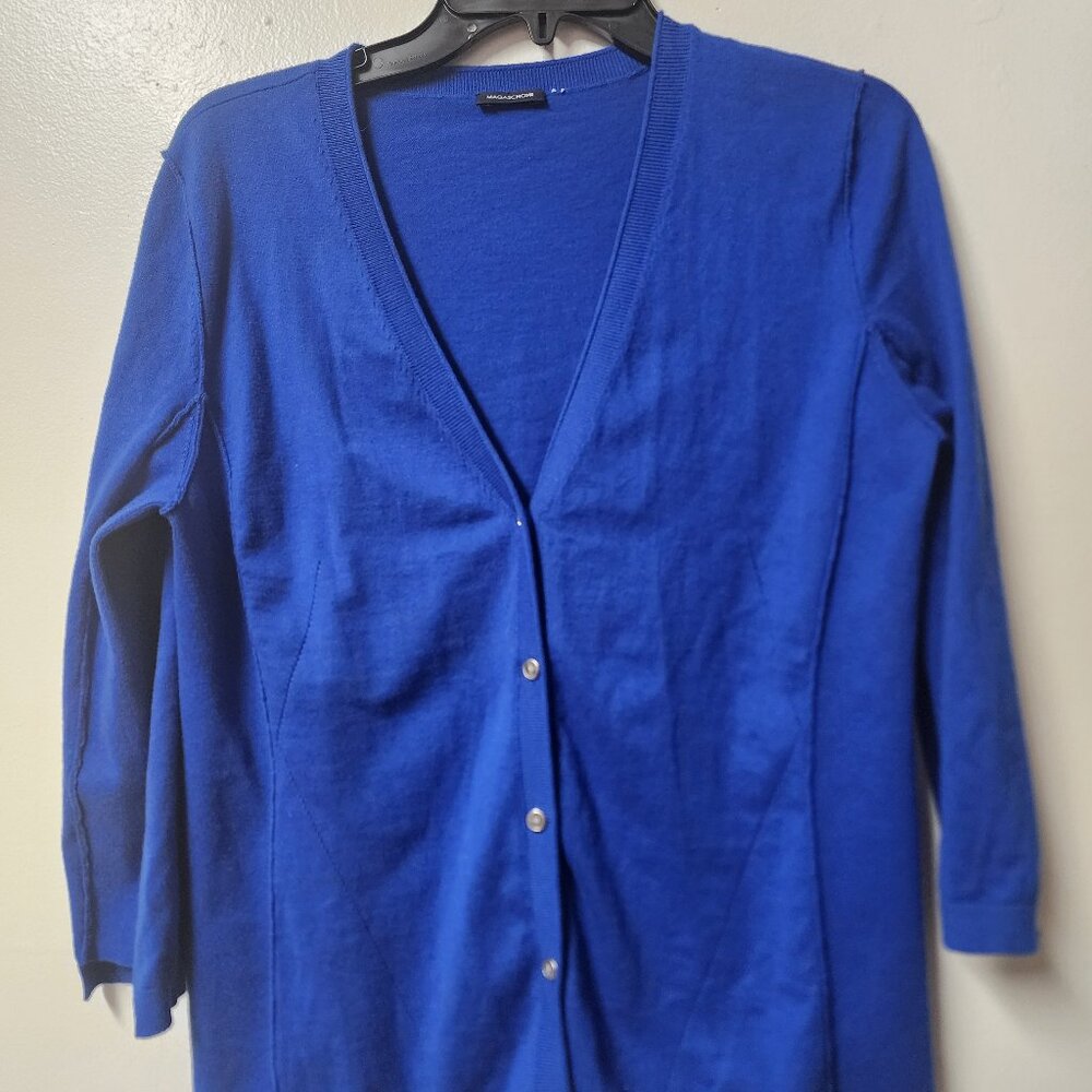 Magaschoni royal Blue Cashmere Blend Large button down sweater EUC Holidays